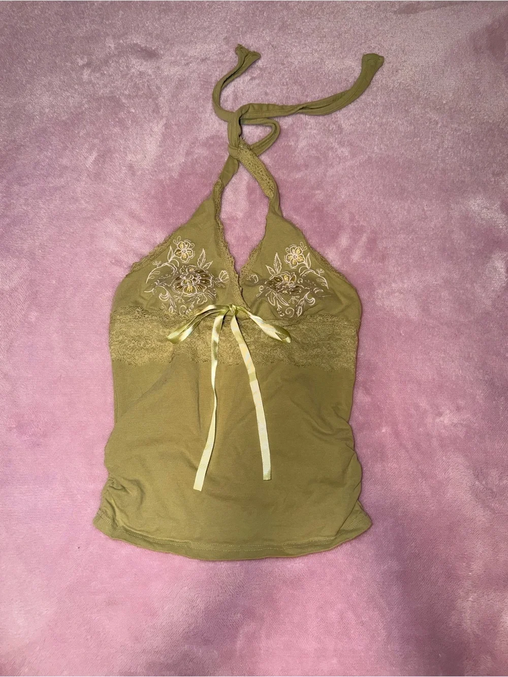 SHEIN Olive Halter Cami with Lace & Ribbon